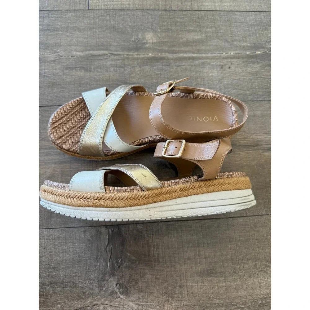 Vionic Tan Gold Cream Leather Platform Sandal